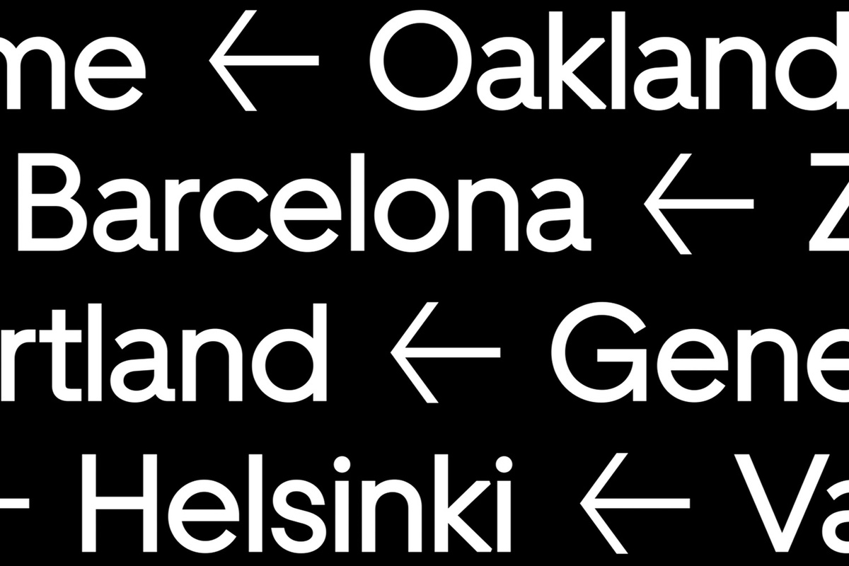 Graphic of city names in white text on black background with arrows in between names