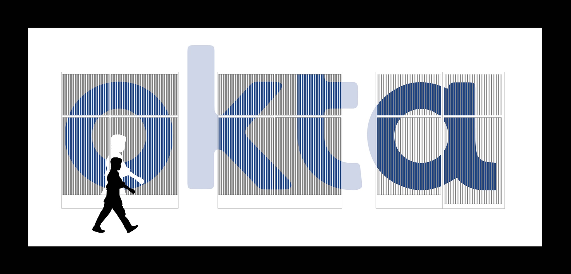 Diagram of silhouetted pedestrian walking post Okta installation that displays an okra logo animation and a responsive digital silhouette of the person