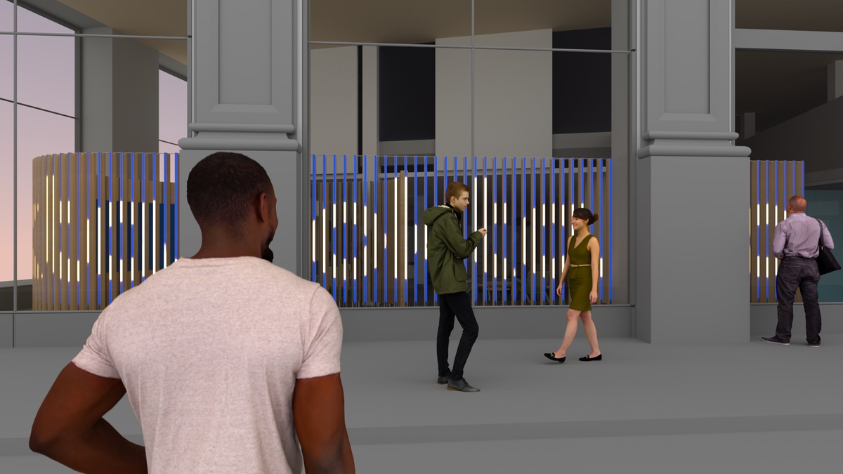 Render of pedestrians walking outside the storefront of the sales center, where the installation is visible, displaying an okta branded animation