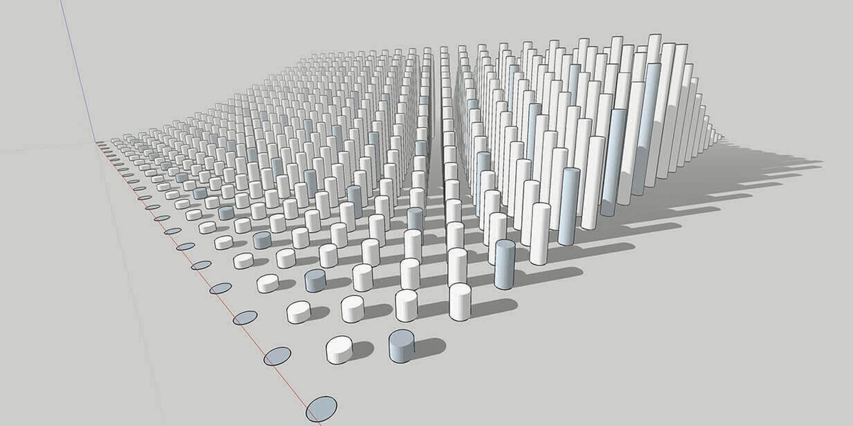 Simple render of three-dimensional cylinders at different heights, forming a wave-like overall image