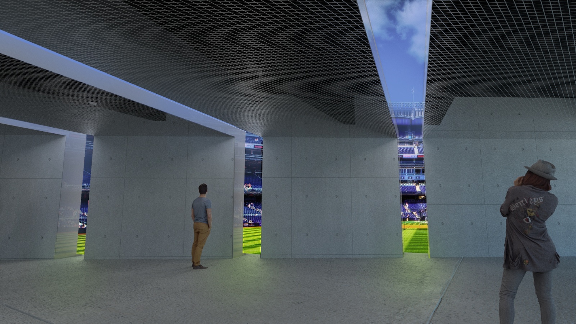 Screens in use showcasing a nighttime view in the center of a football stadium