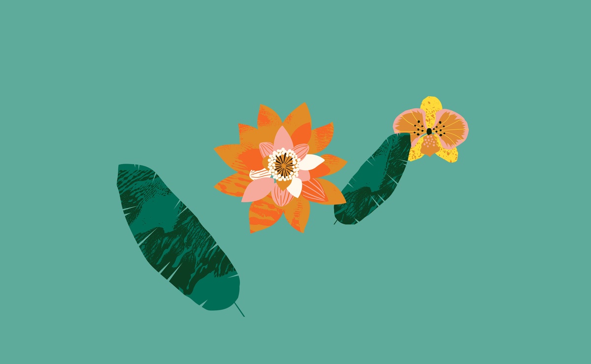 Flower illustration with a smaller flower beside it and two leaves