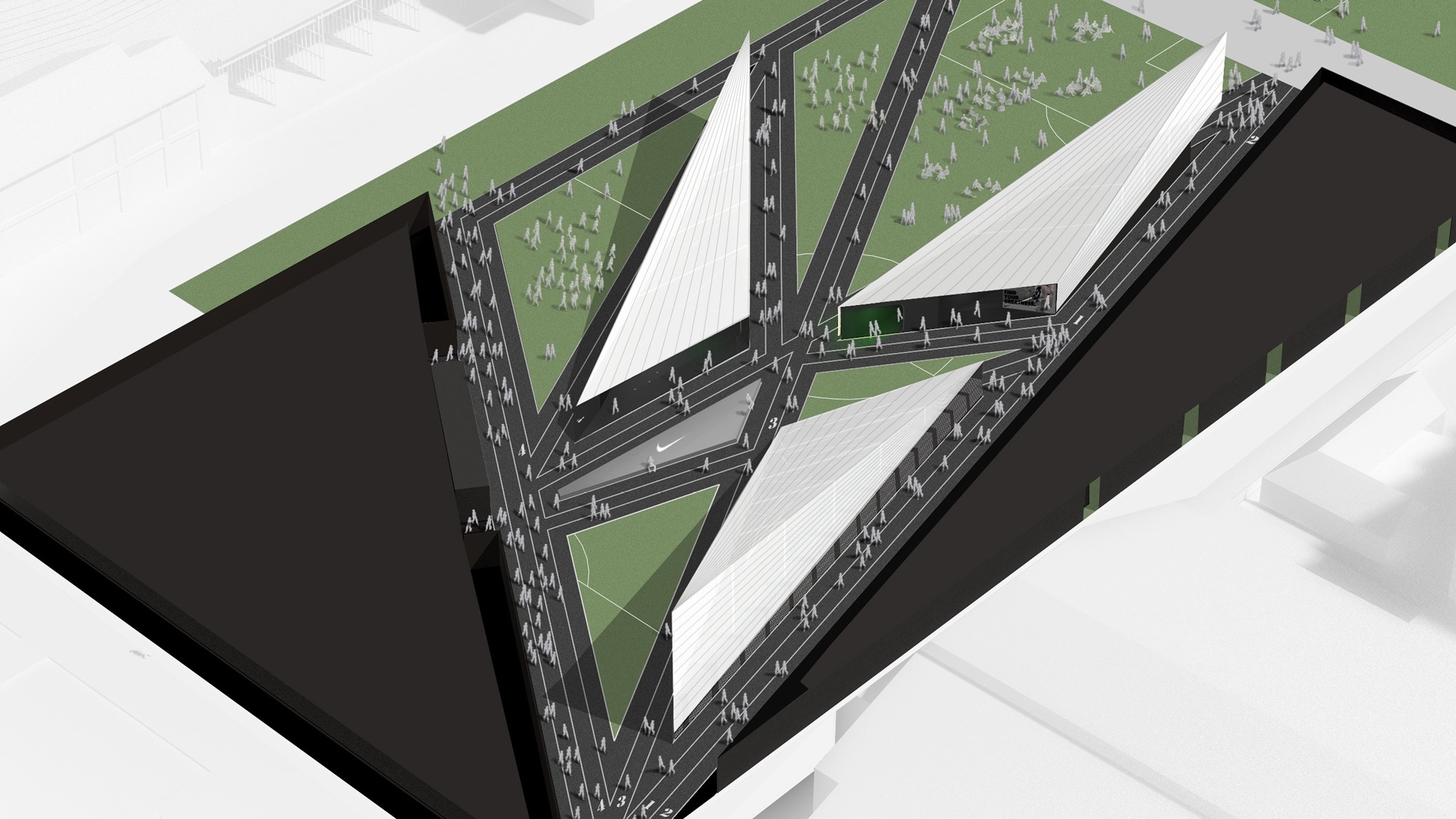 Graphic illustration of the structure that is Camp Victory, amidst charcoal buildings, a field and swarming with simplified people