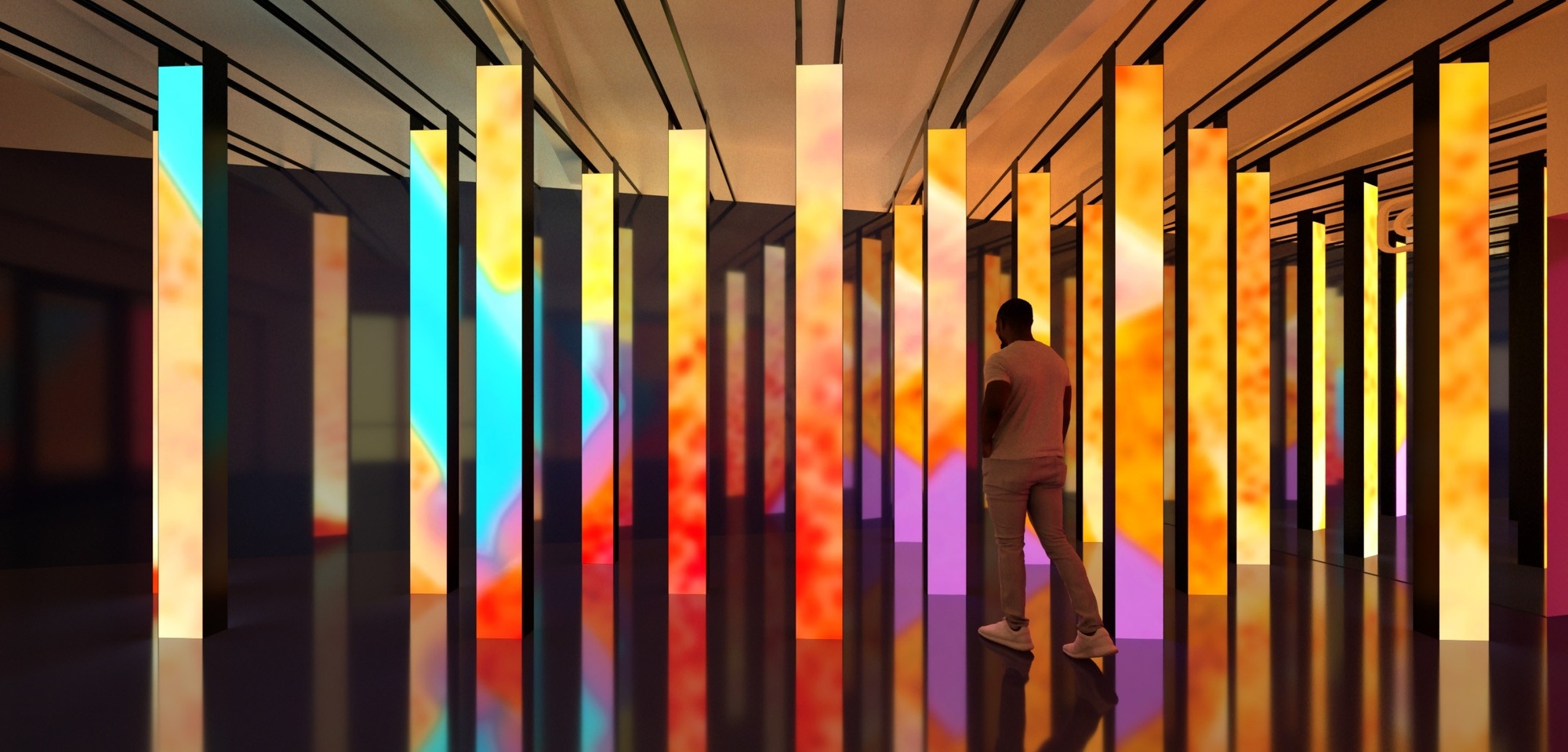 Render of young man walking towards illuminated pillars