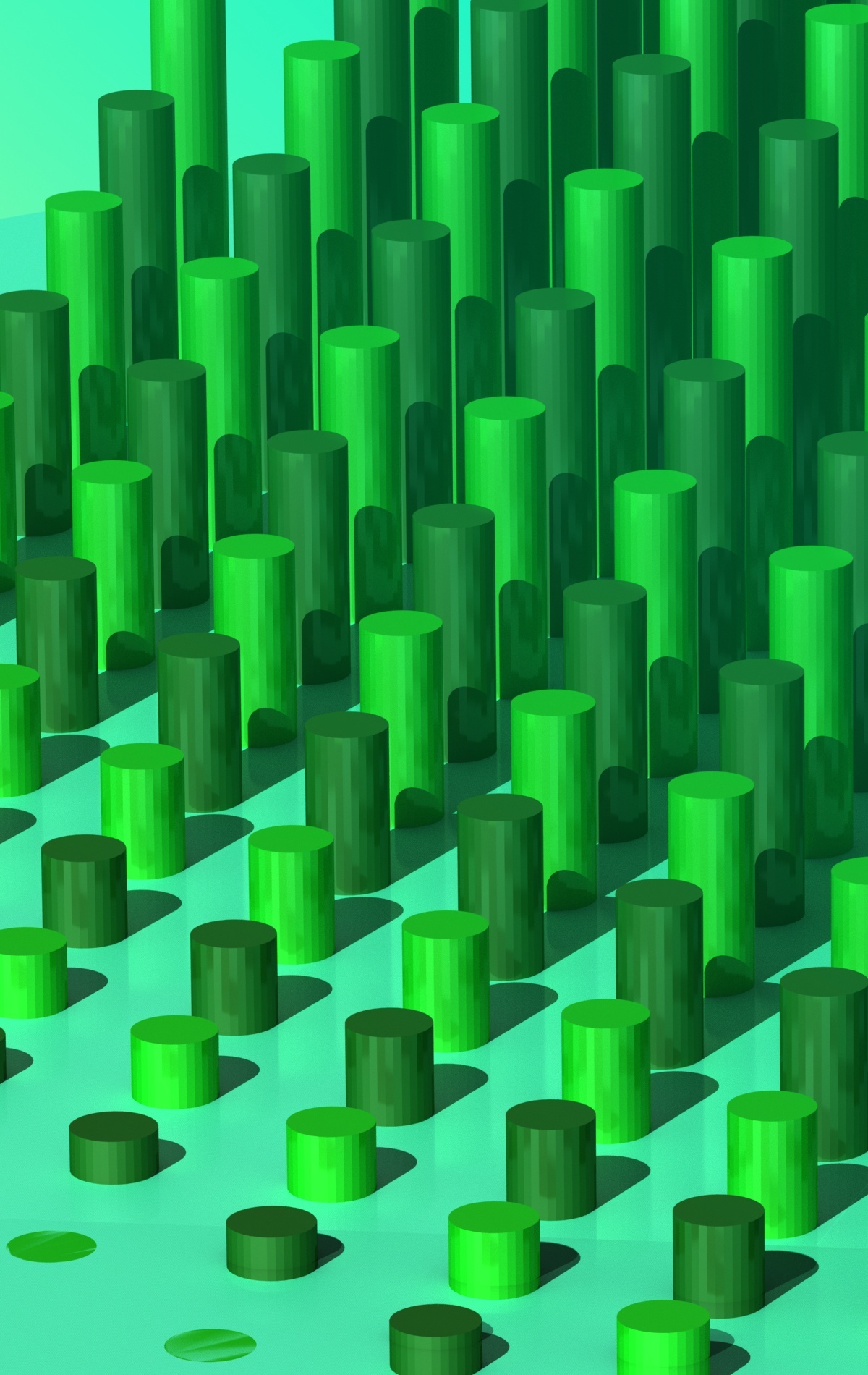 Coloured render of regular pattern of three-dimensional cylinders increasing in height