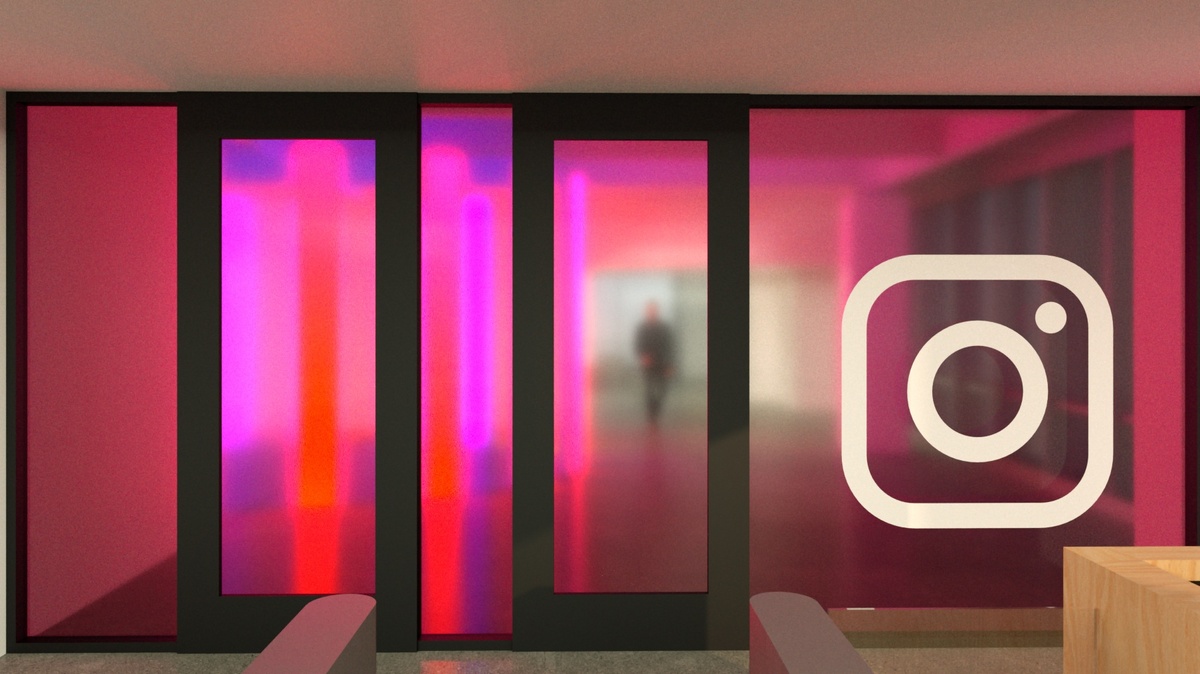 Render of glass facade with Instagram logo with illuminated pillars behind glass