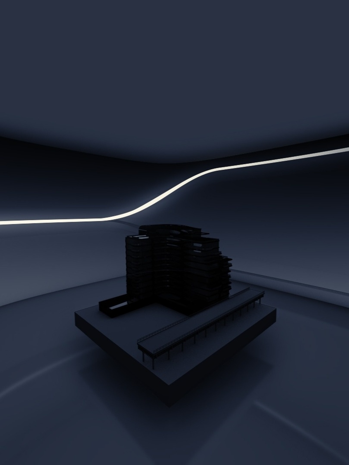 Render of an architectural model in sleek, dimly-lit room with an organic line of lighting on the wall