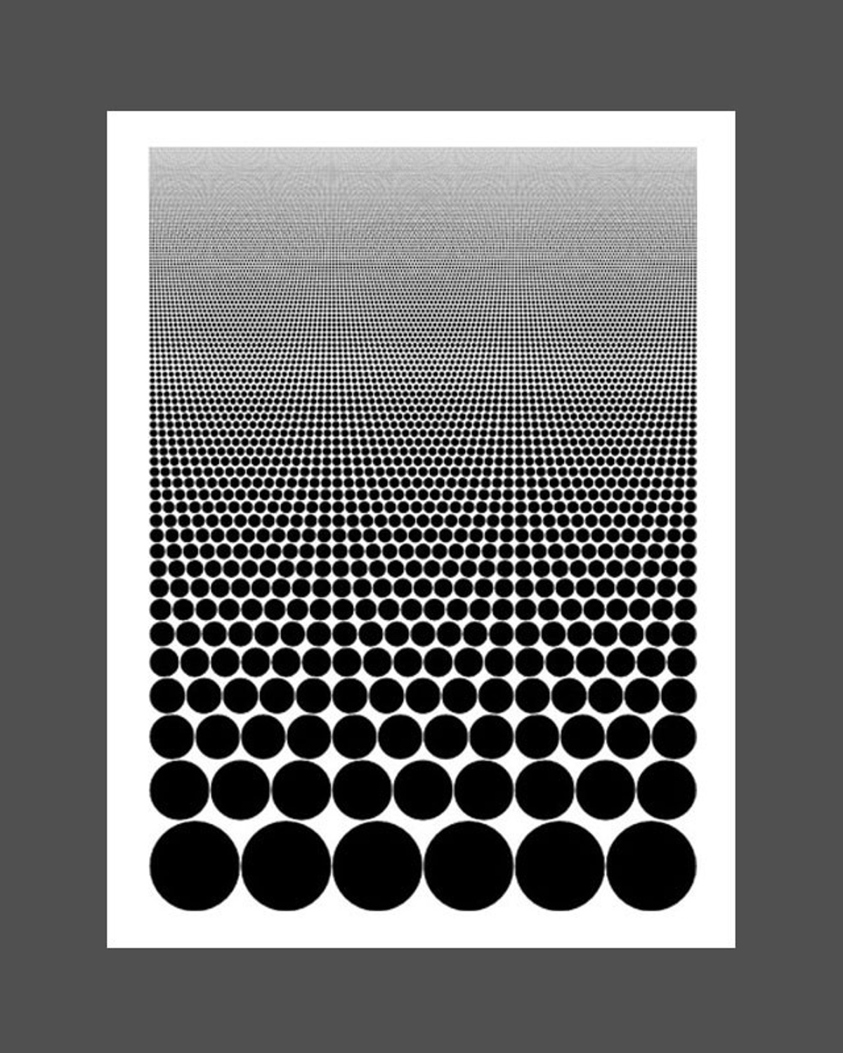 Moodboard image of graphic arrangement of black circles on white background, diving into smaller and smaller rows