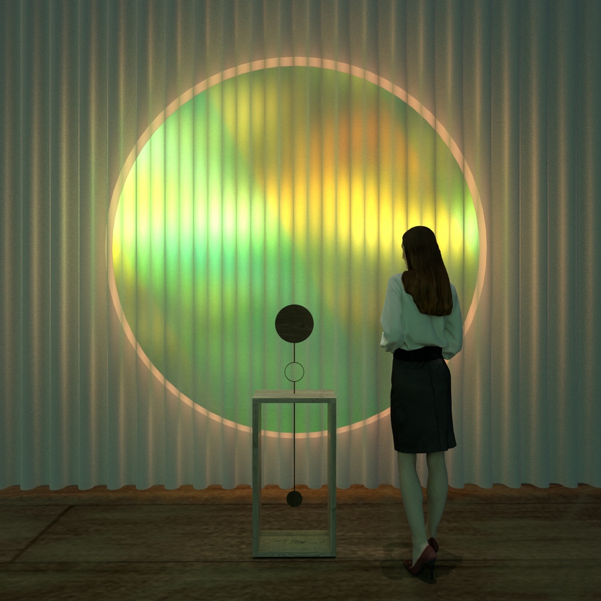 Woman standing next to a minimalist sculpture and in front of a circular screen which conveys nature through blurred colors 