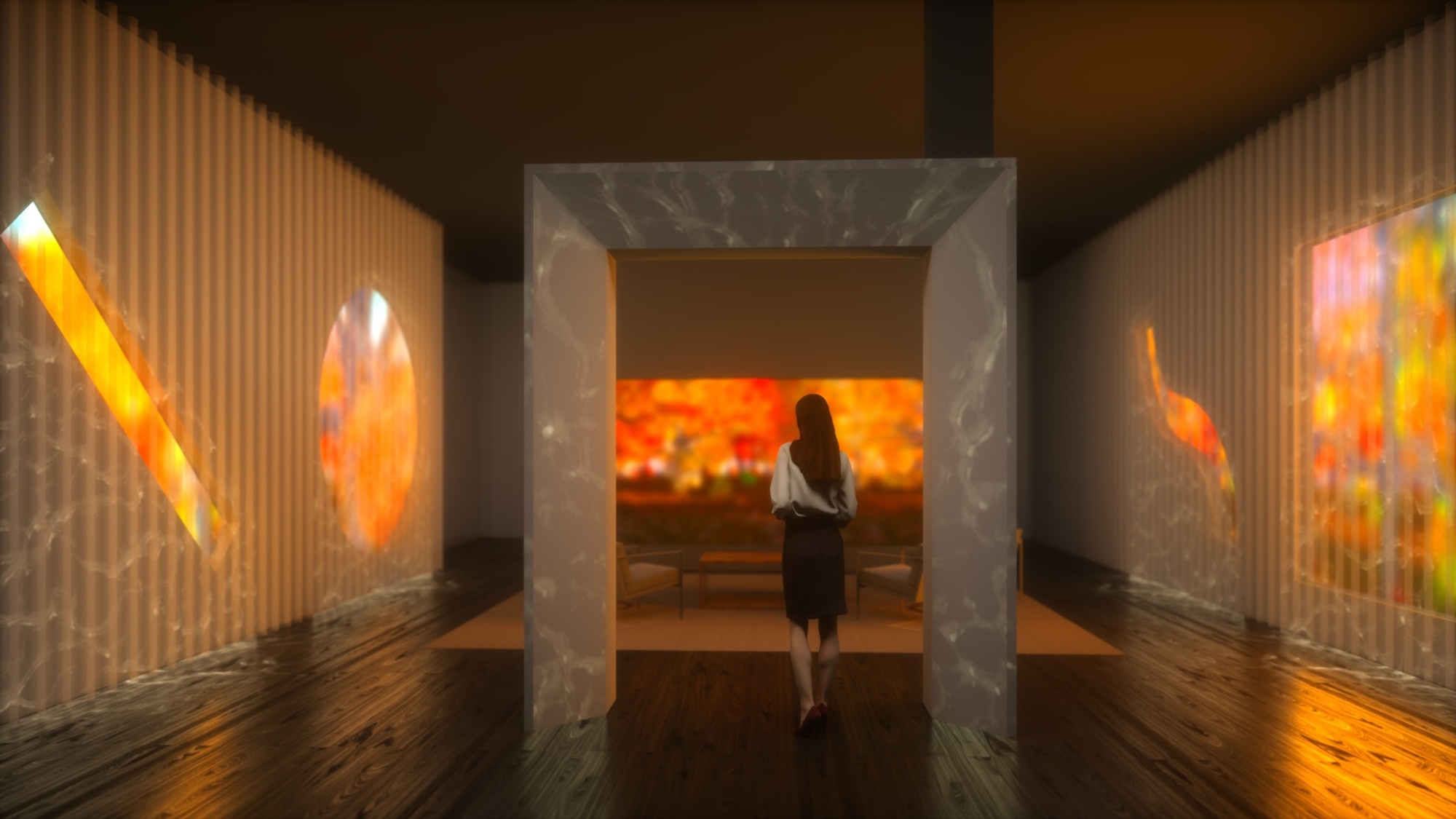 Render of woman standing under a geometric archway in a room with circular and geometric "windows" that contain animated abstractions of nature