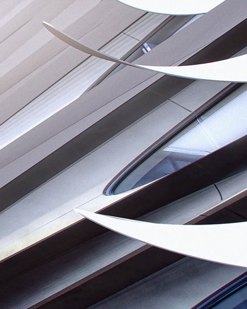 Close-up of avant garde form of exterior building, resembling sleek, aerial structures 