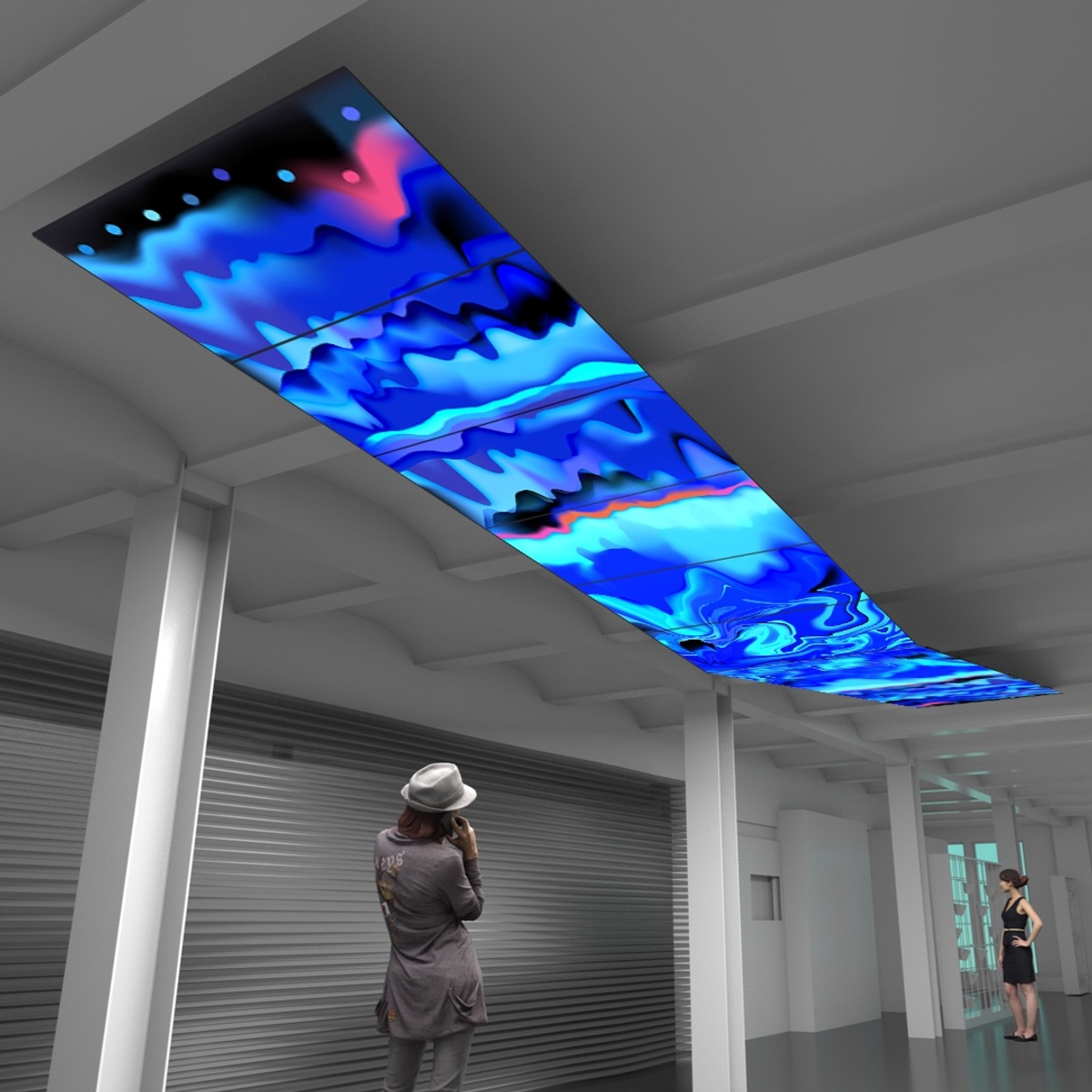 Render of people looking up at The Skywalk, which shows jagged waves of color 