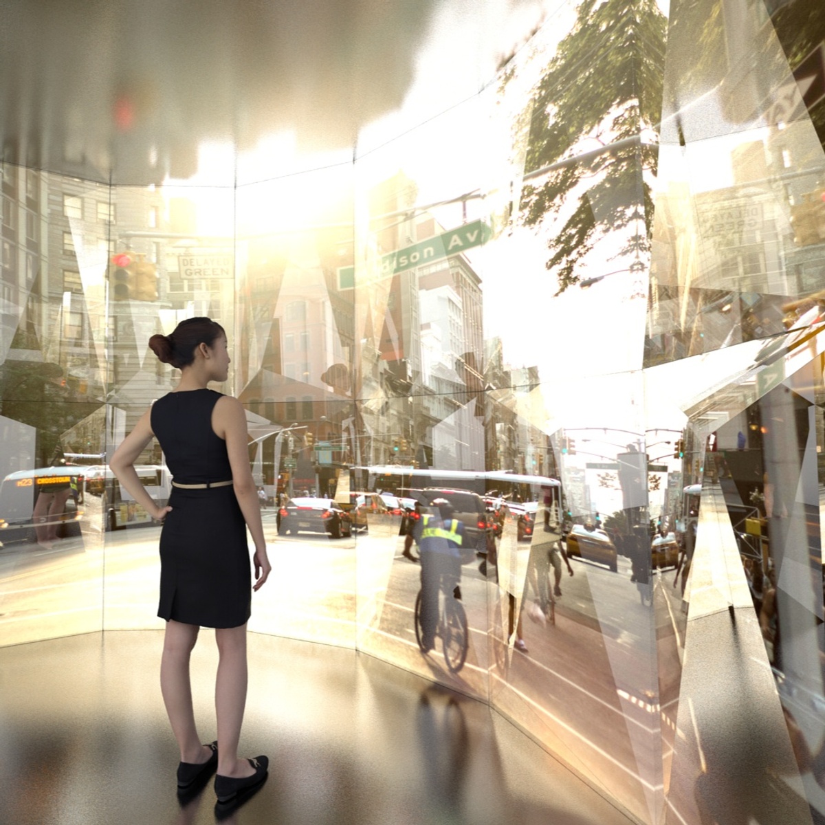 Render of a woman looking at an image of a location in New York on Google Maps, projected onto the interior surface of The City Cave