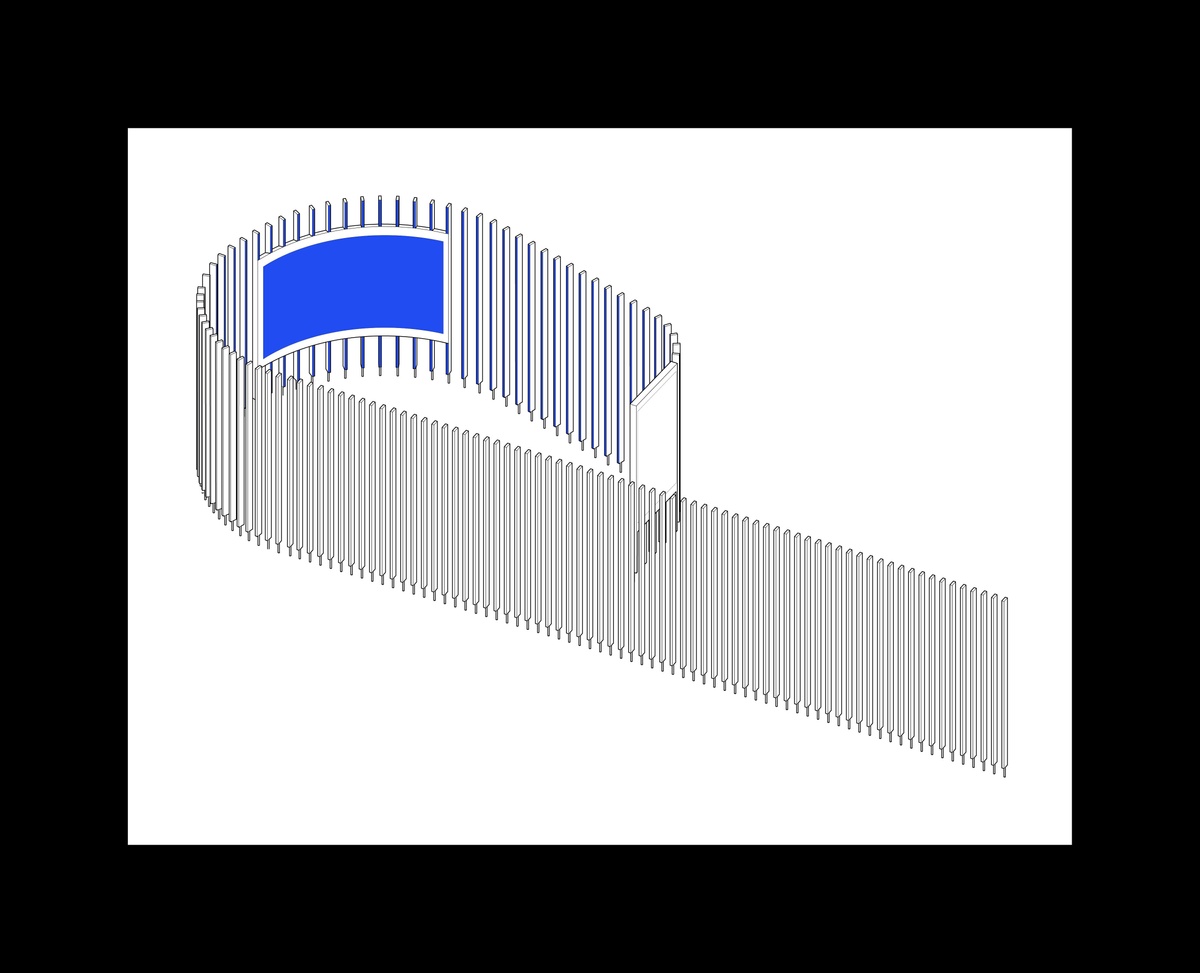 Diagram featuring overhead view of curved shape of Okta installation and a large horizontal screen in the center of the curl 
