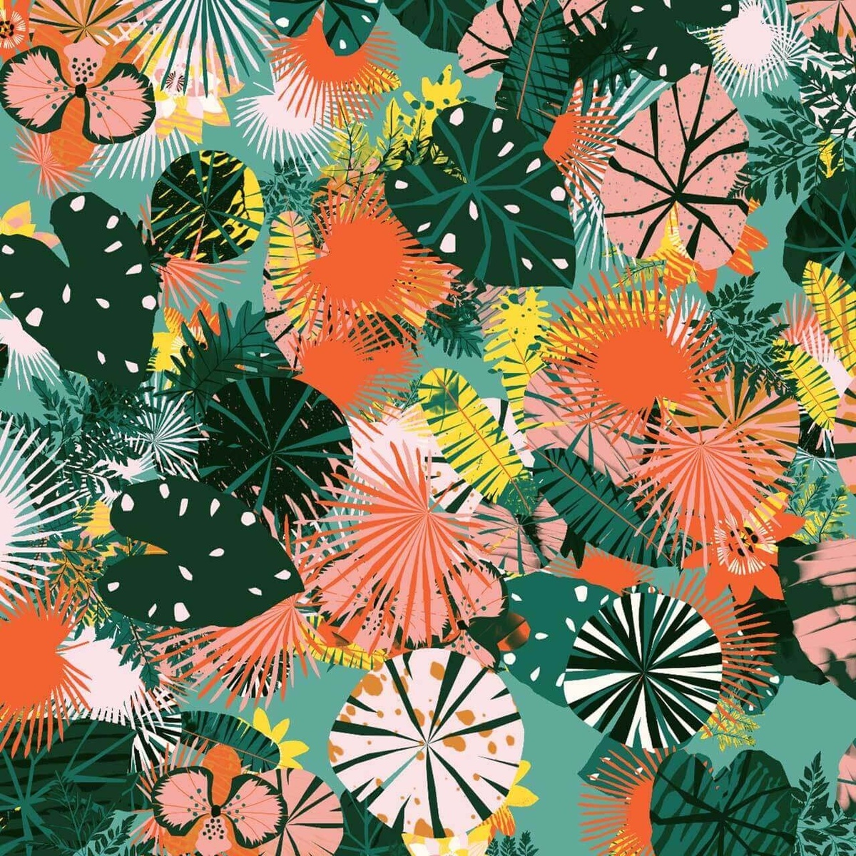 A colourful surface covered in flora illustrations, overlapping with each other