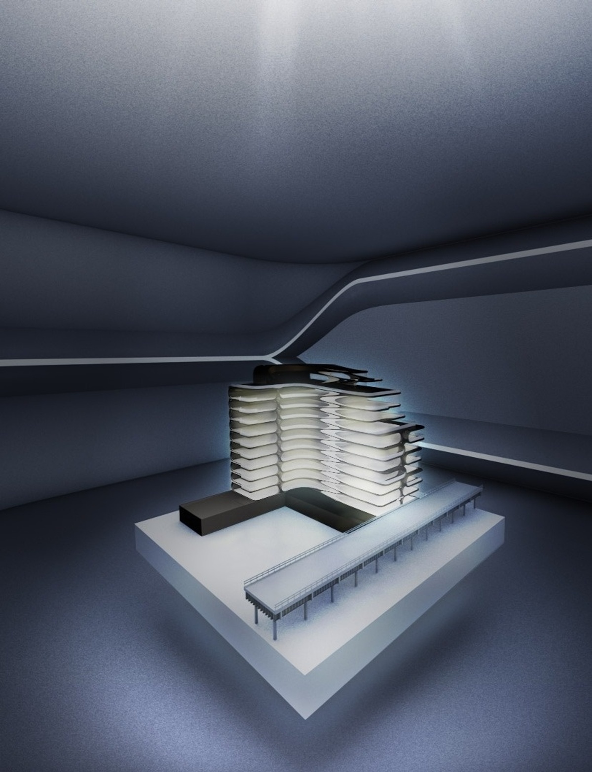 Render of an architectural model in a dimly-lit room with gentle spotlight over top