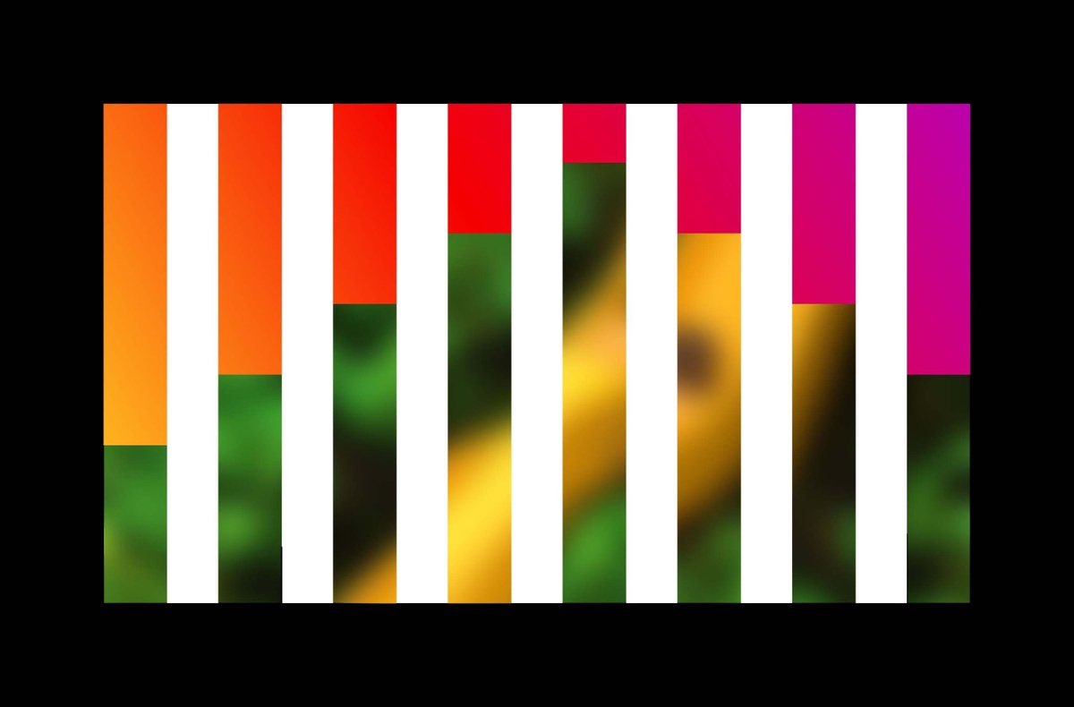 Graphic illustration of columns, half distorted image, half orange to pink gradient