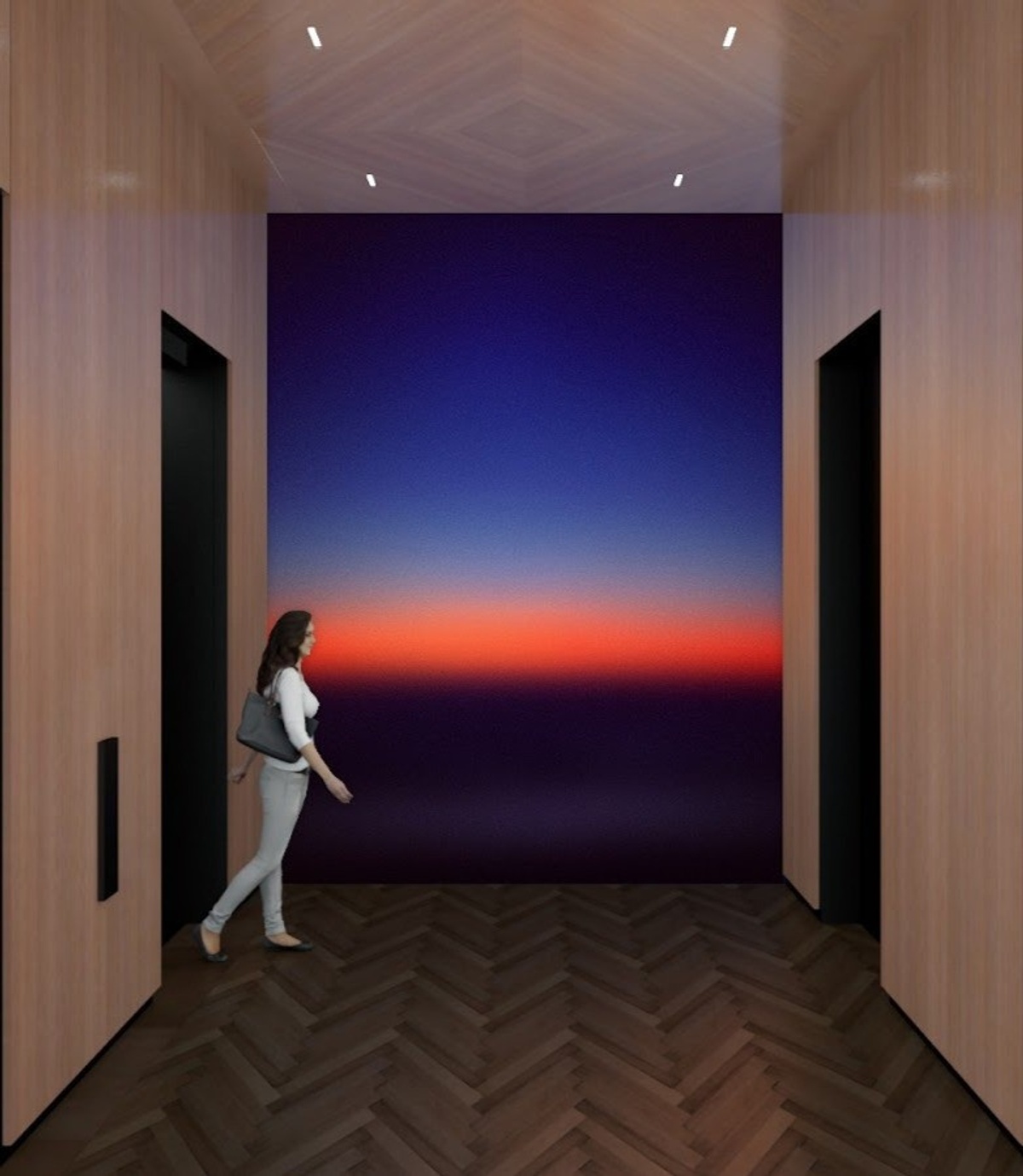 Woman in elevator bank with a digital horizon in background