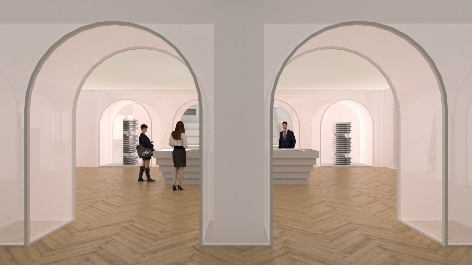 Two scrim archways, with people standing at long rectangular table