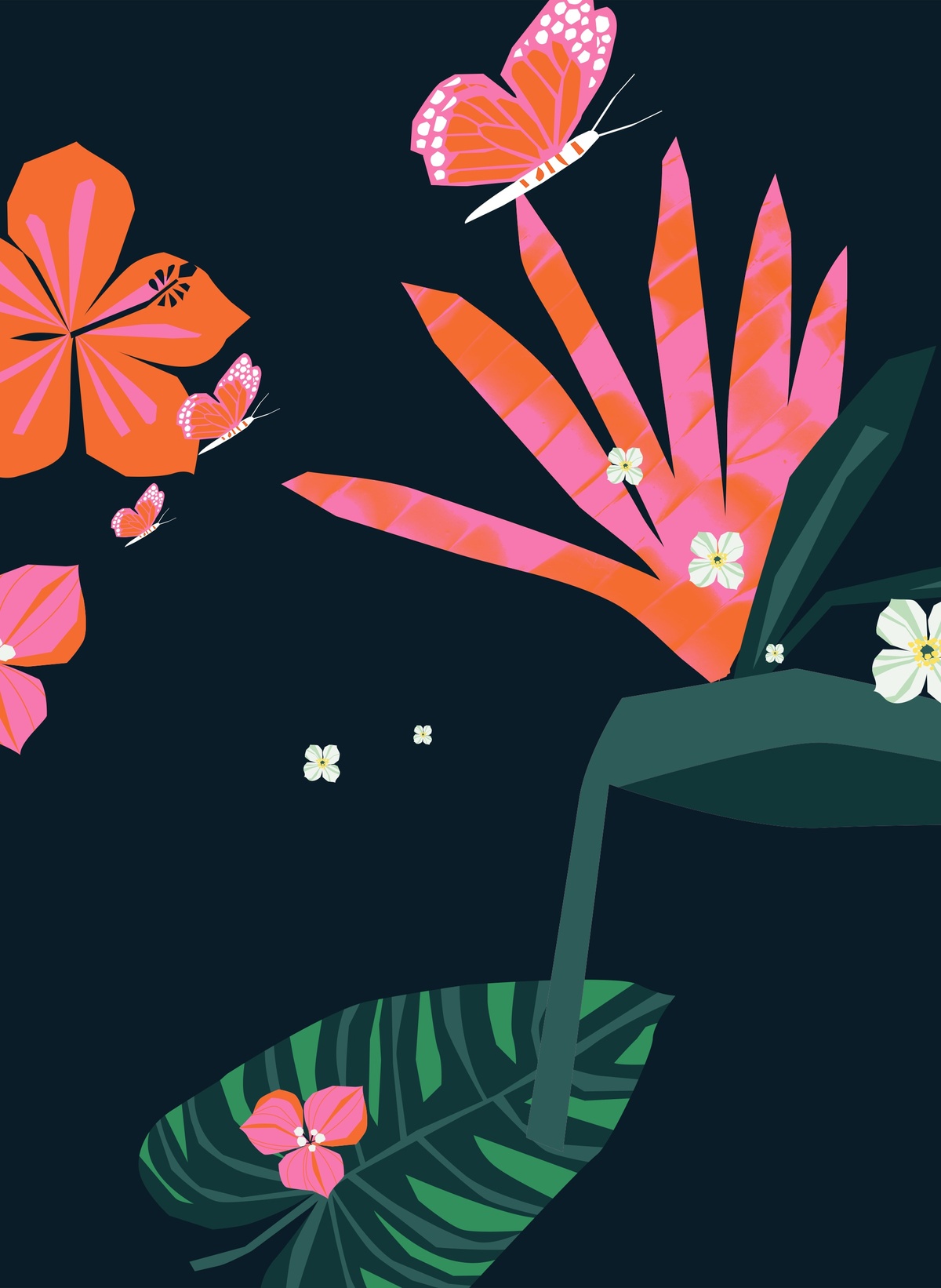 Combination of pink and orange flower and plant illustrations, with a dark background