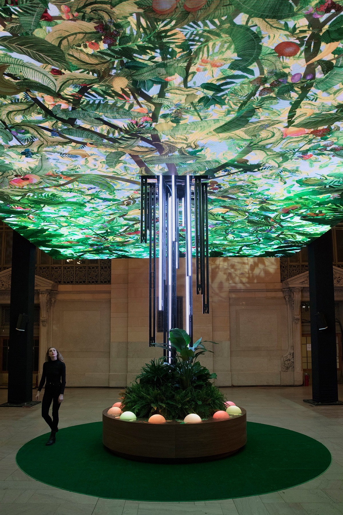 Young woman looking up at the Chobani Giving Tree installation