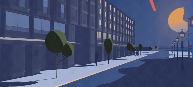Animation of an evening city street with the sun setting in the distant background