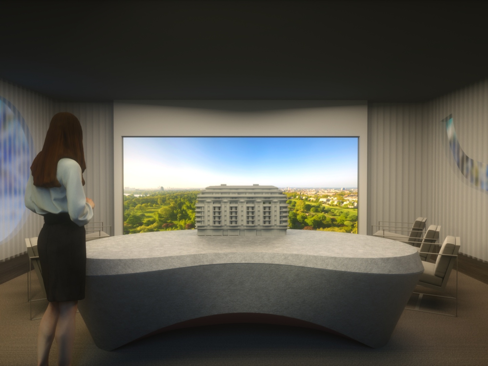 Render of woman looking at small-scale model on an organically-shaped table