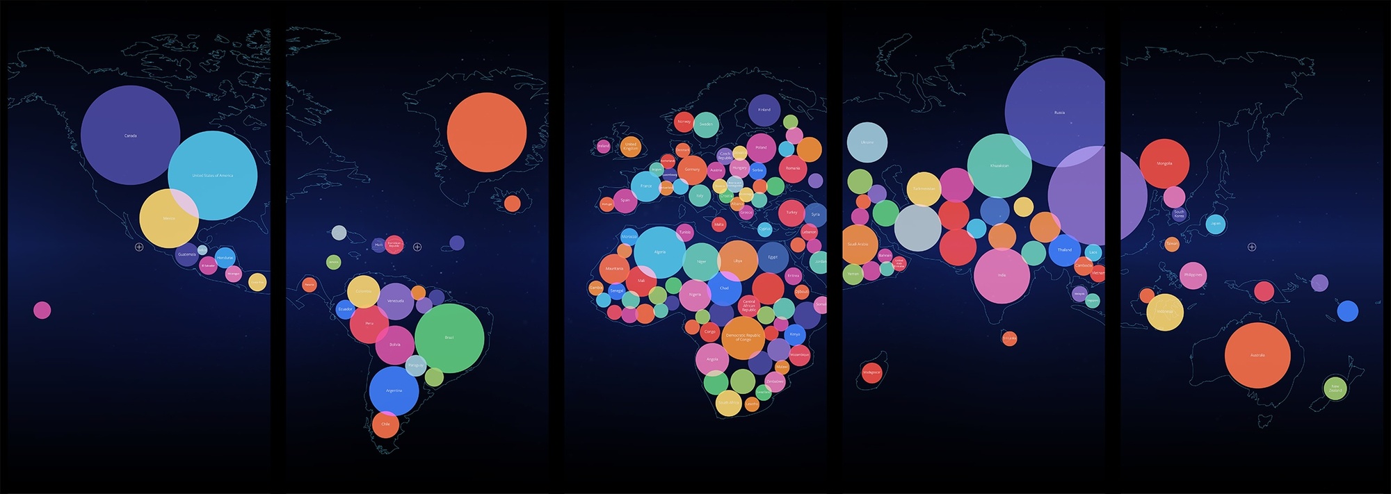 Data visualization circles of varying sizes across the world map