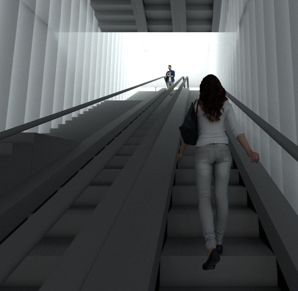 Woman going up escalator with white light at top