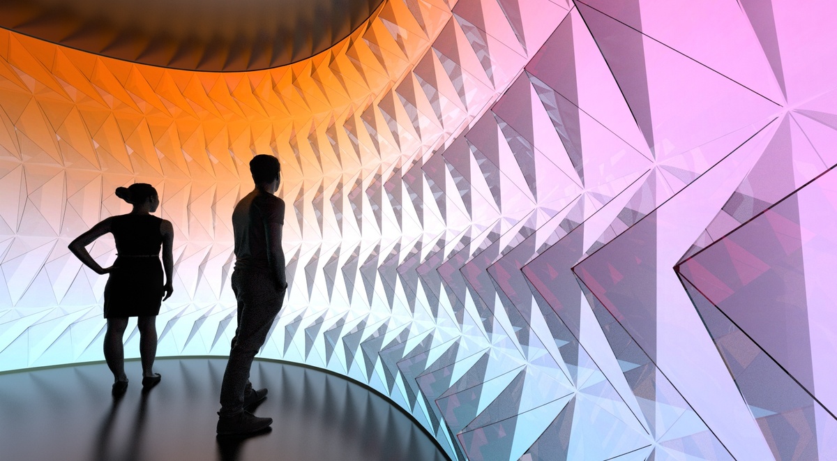 Render of two individuals looking at a wall with a light-emitting polygonal pattern