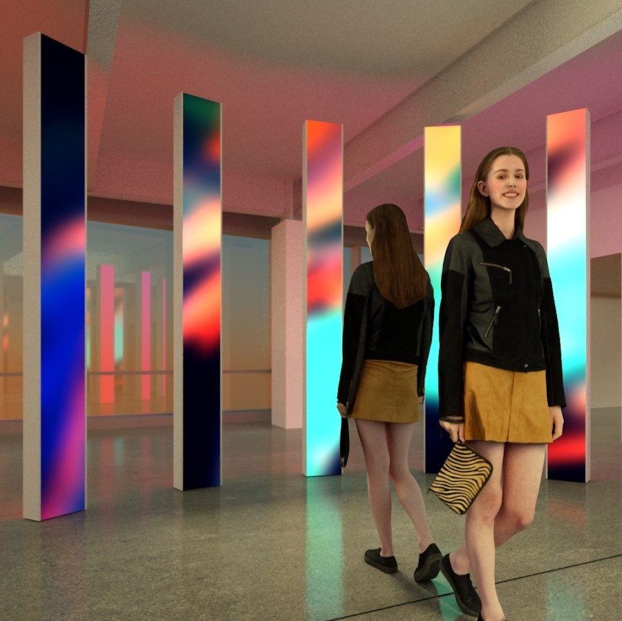 Render of young woman in front of illuminated pillars