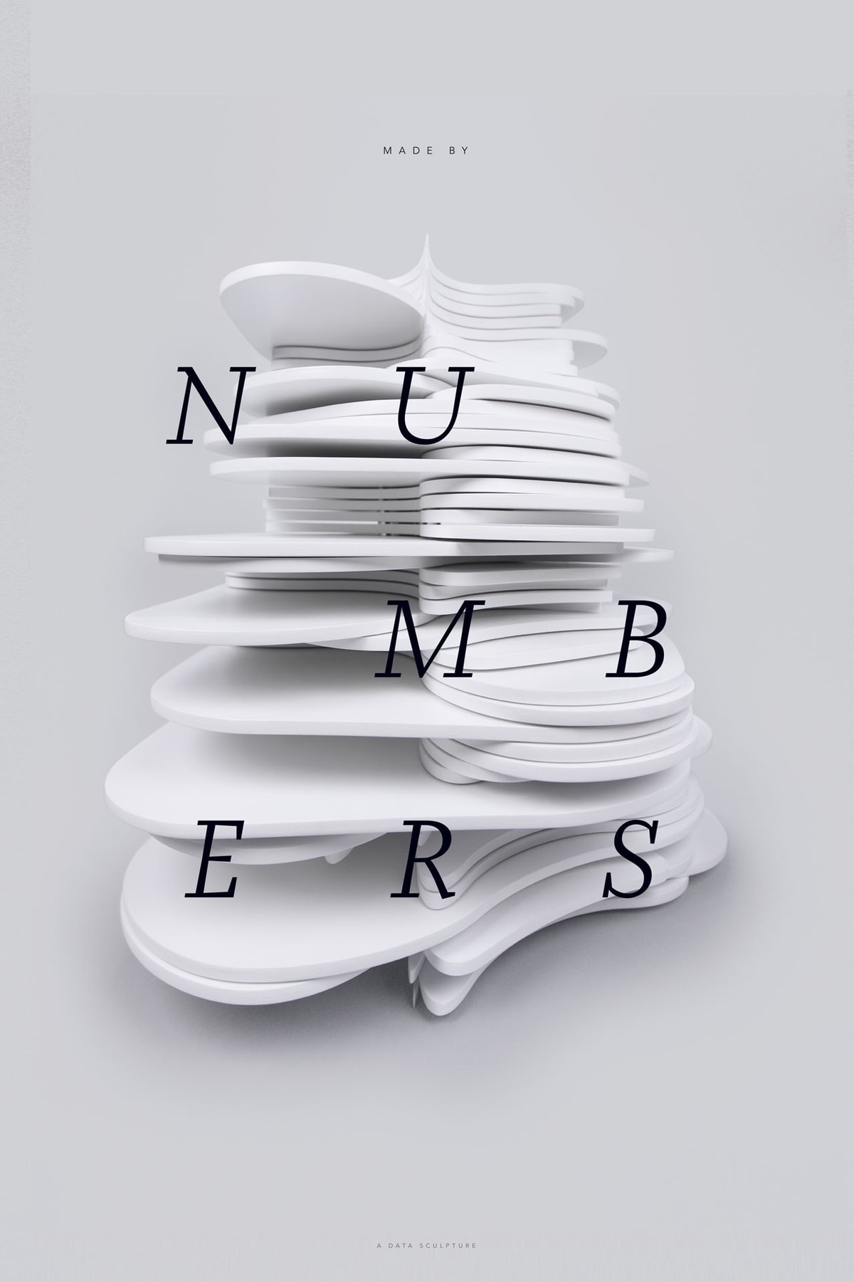 Poster of final sculpture centrally placed, and the words "made by" above the sculpture in small font, while the word "numbers" is arranged in a 3x3 grid format overlaid on top of the sculpture