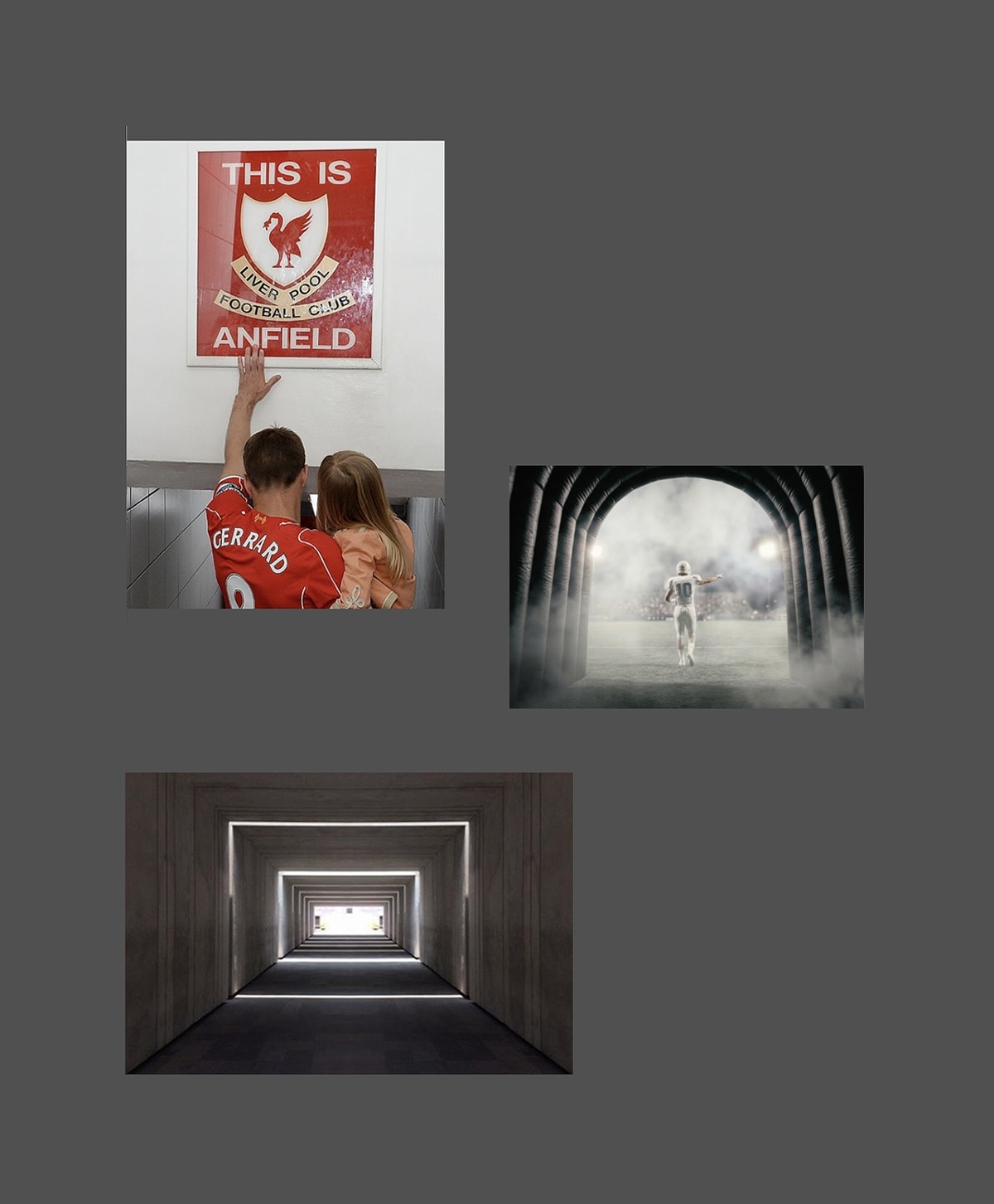 Moodboard of Liverpool fan touching the Ansfield sign, a football player walking into the stadium, and an reference piece of lighting design