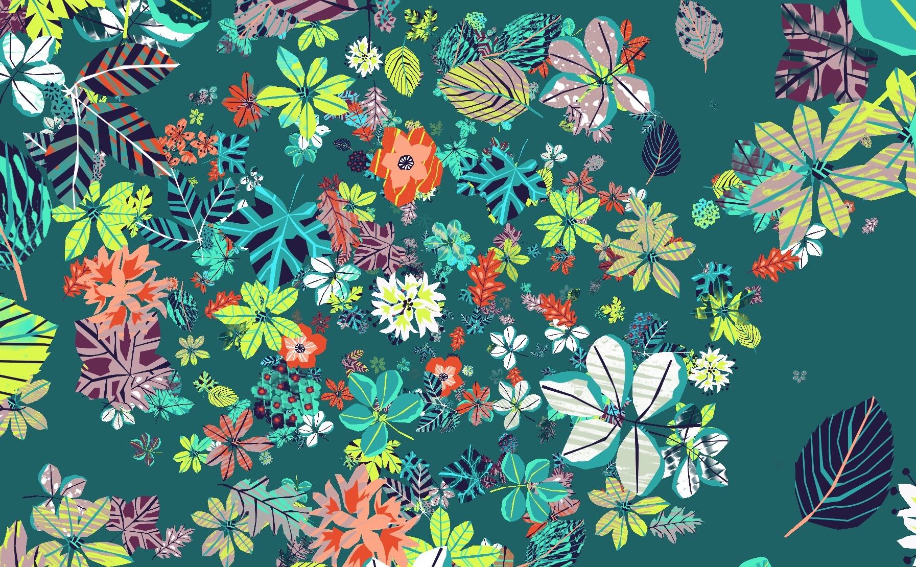 A cluster of tropical flowers and plants, generated through data visualisation
