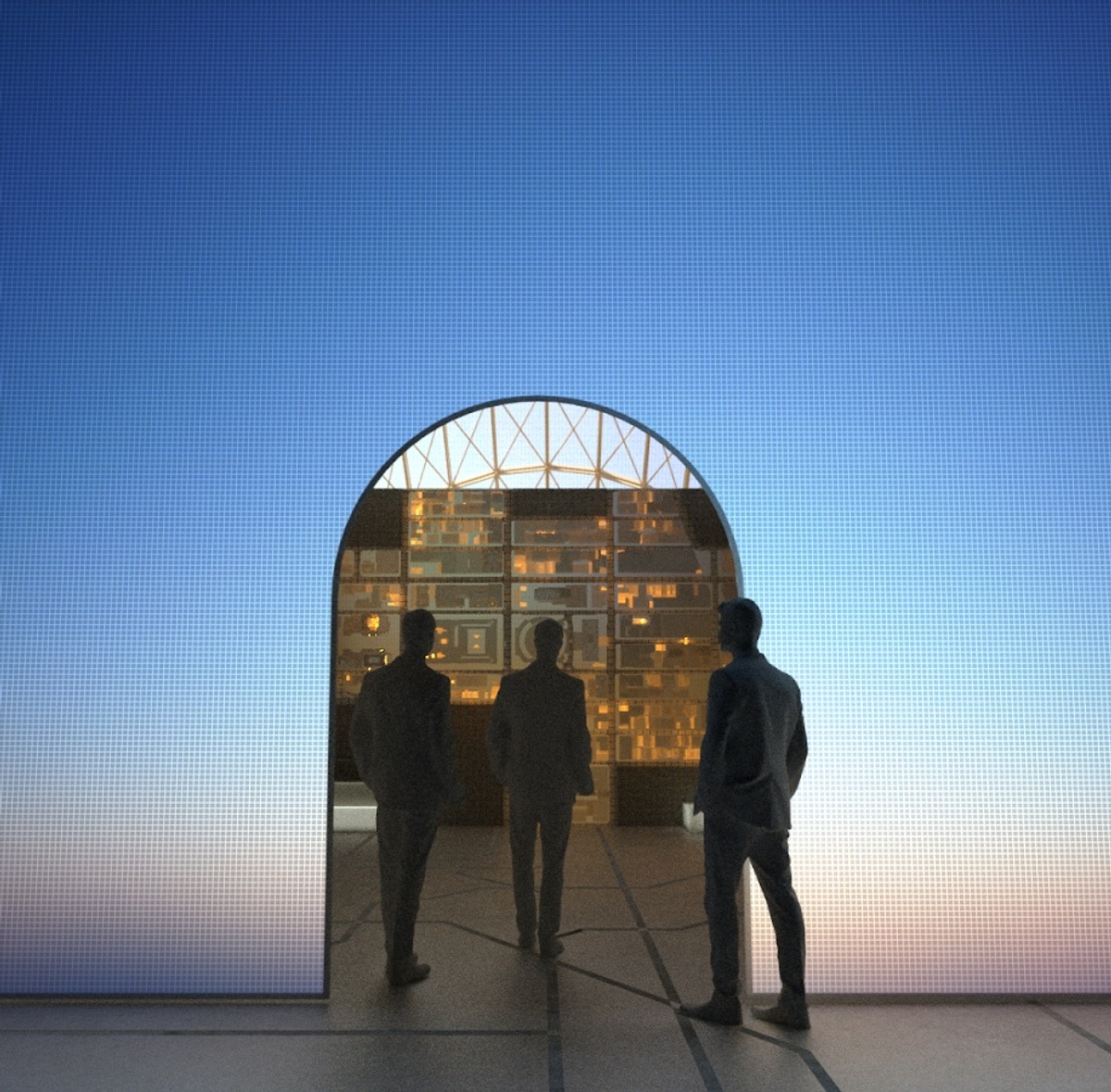 People standing in front of scrim archway, with blue gradient, with three dimensional map in background. 