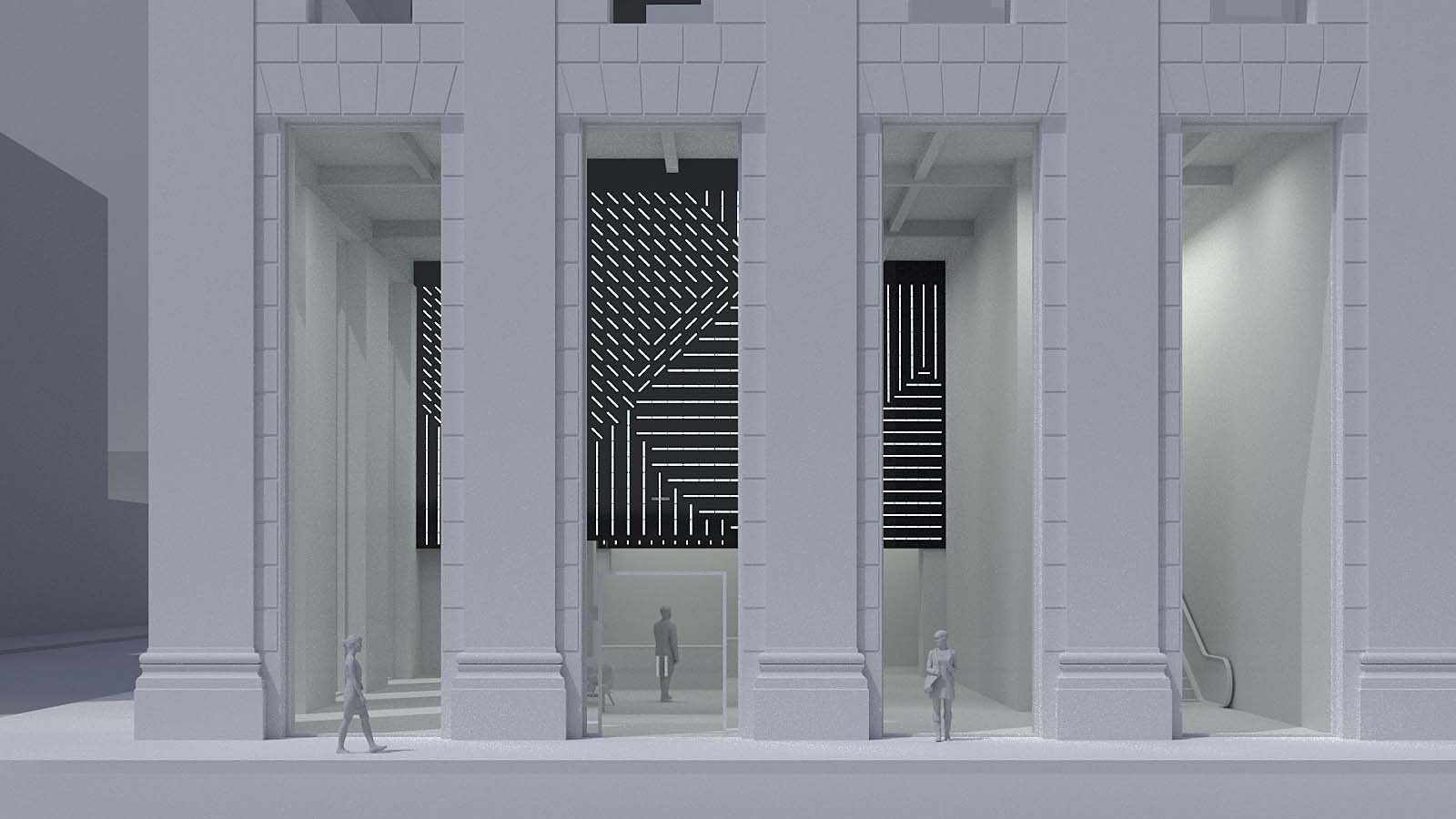 Exterior view of space with black and white digital content visible in between pillars