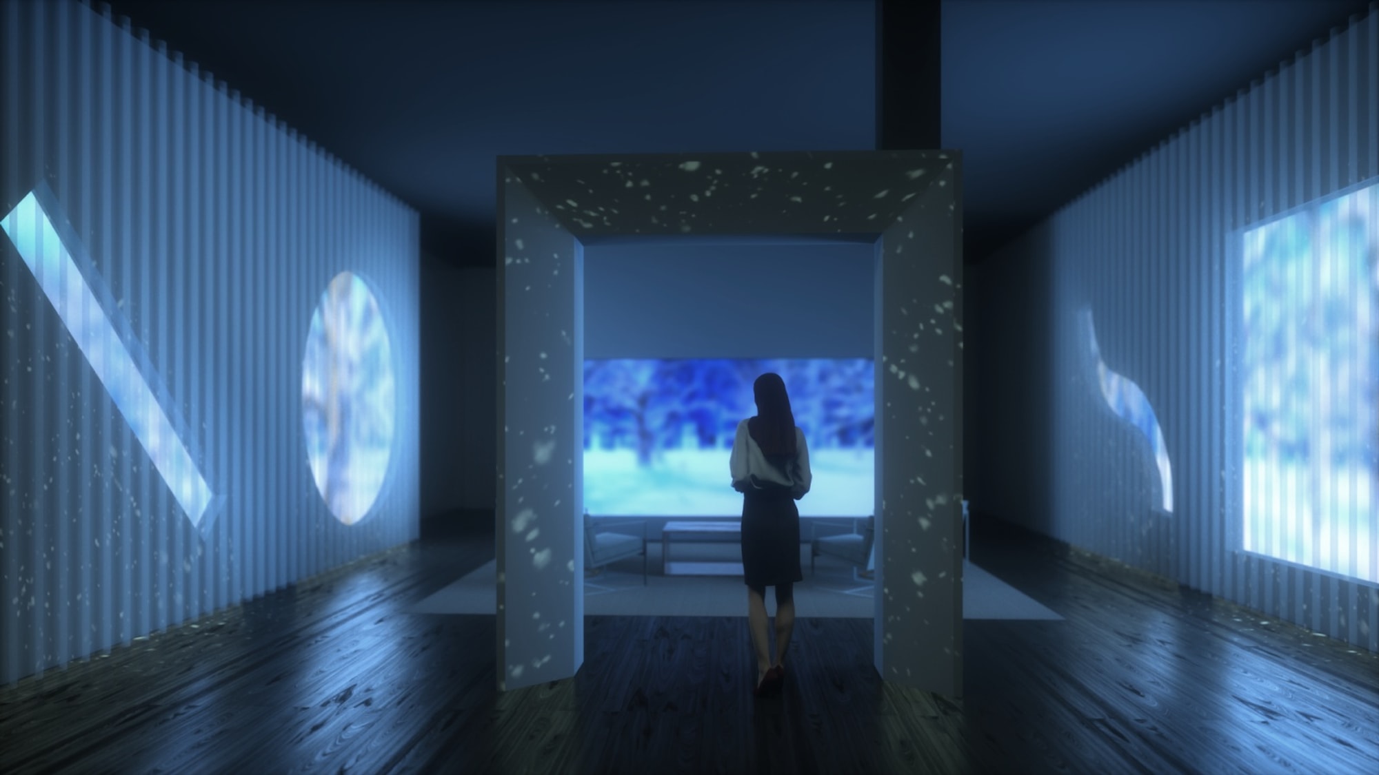 View of space with four shape apertures with a wintry scene and archway in the center of the space.