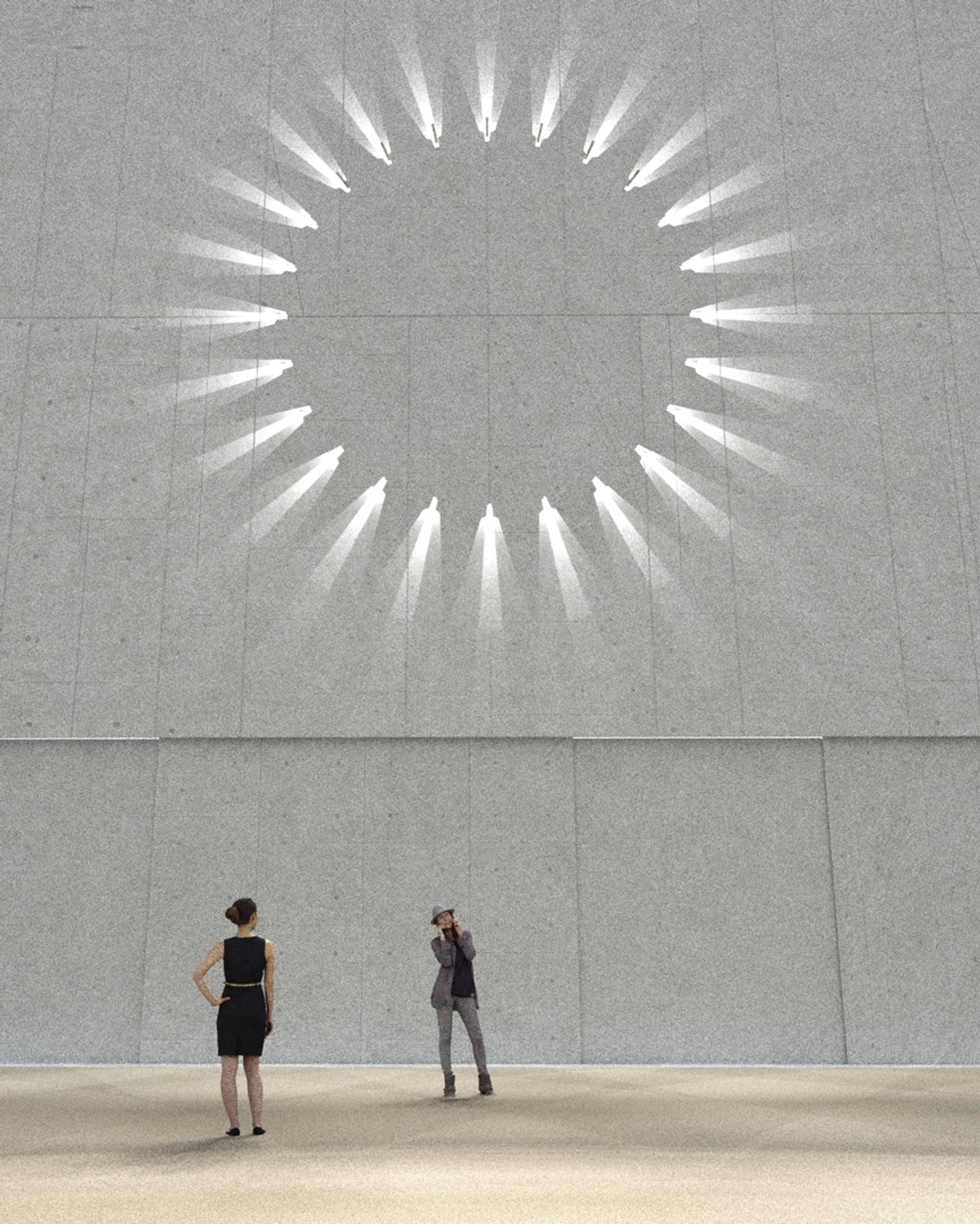 Render of two people standing under circular light sculpture