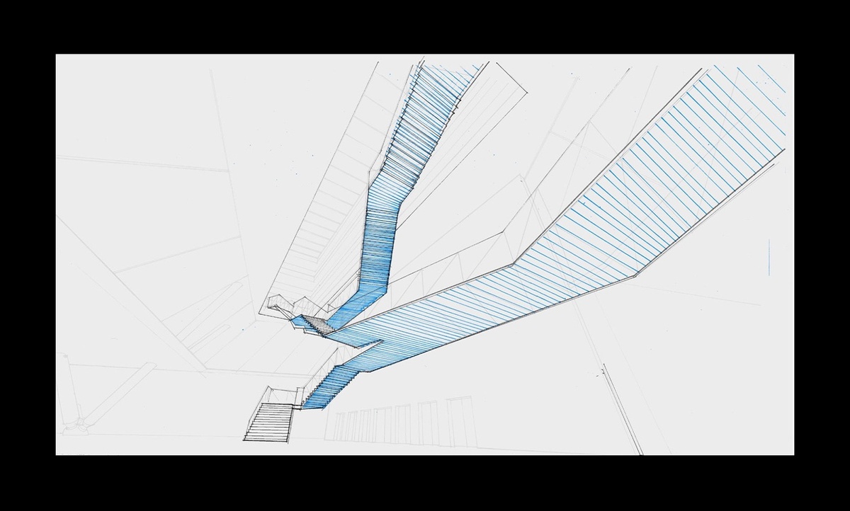 Perspectival pencil sketch of large staircase at a dynamic viewpoint