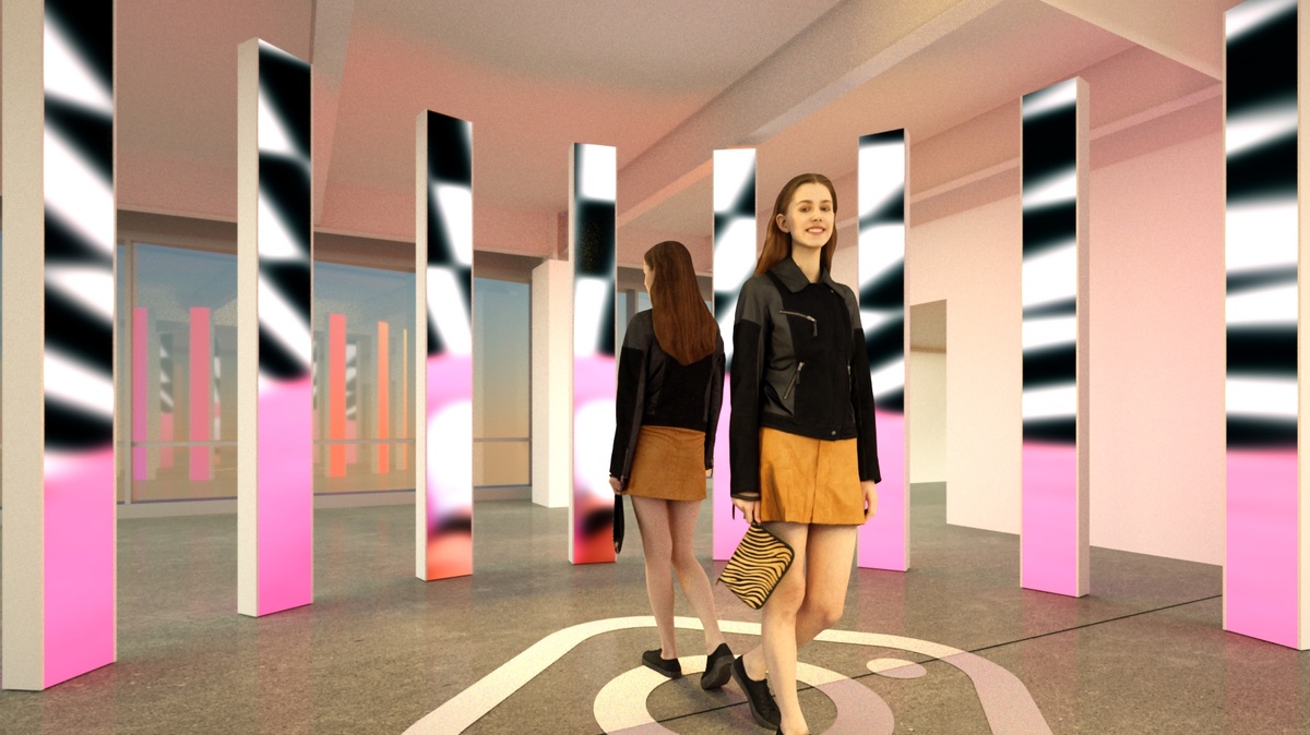 Render of young woman in center of pillars