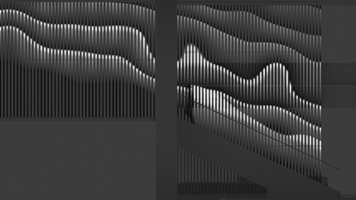 Diagram of person walking up stairs, with black and white waves moving upward.