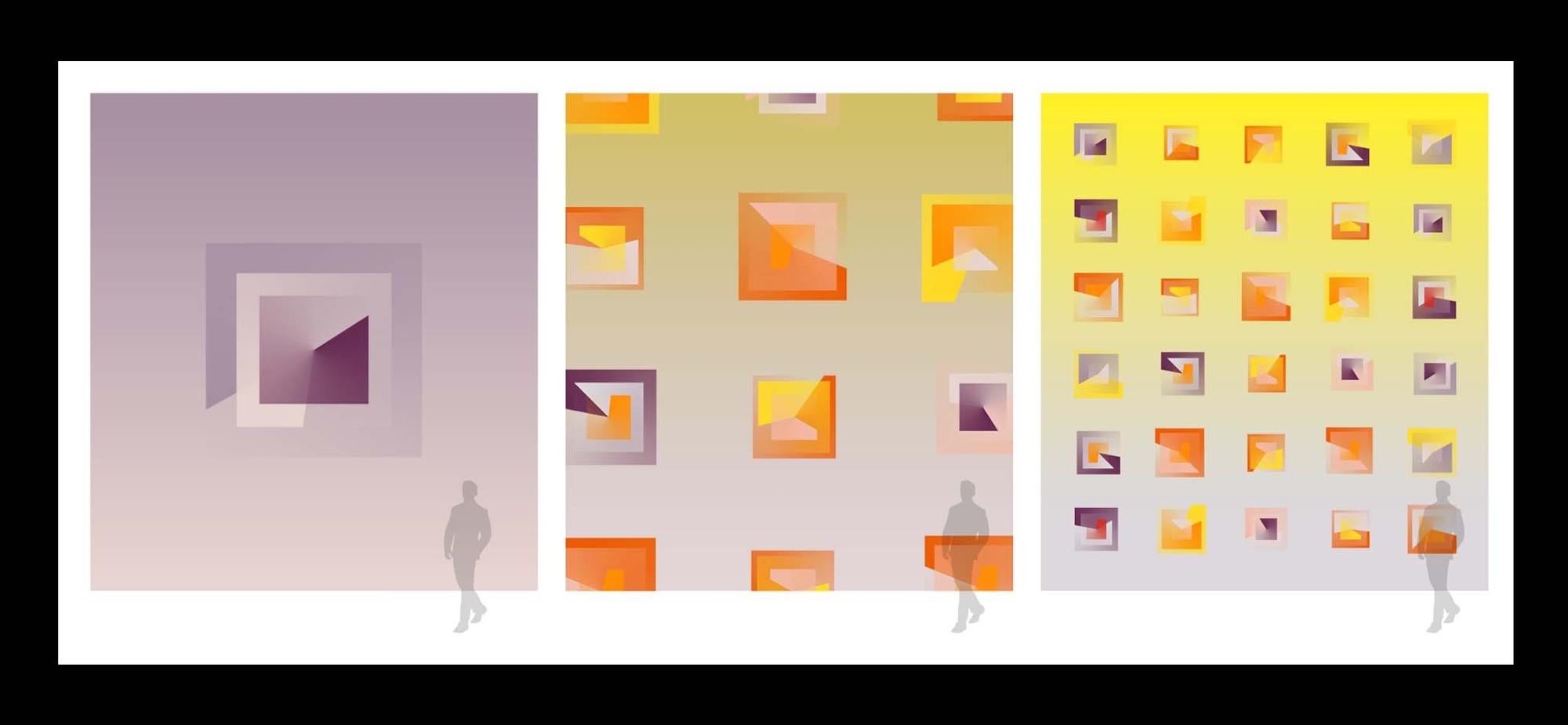 Example diagram of the animation sequence that occurs when an individual approaches the experience, zooming out from one graphic icon to a graphic pattern