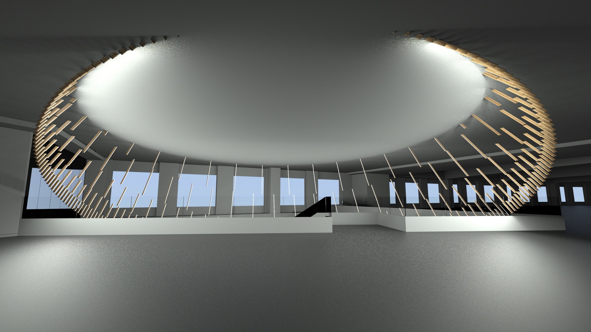 Render of large circular chandelier sculpture intersecting with architecture