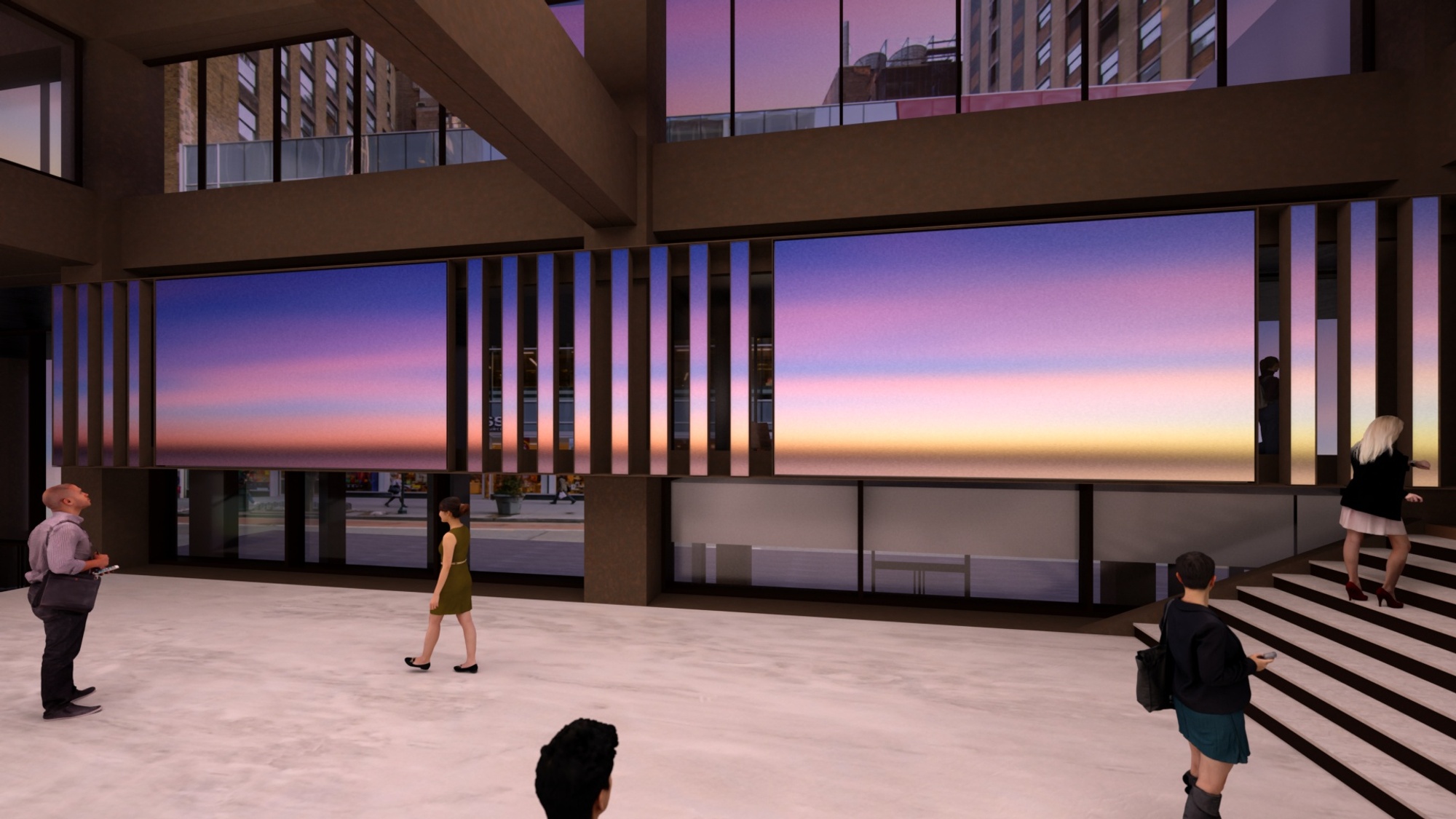 Workplace bleachers with wide screen with digital horizon on it and people walking through space.