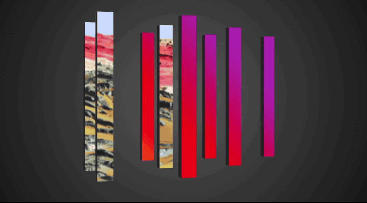 Render of image of landscape running across pillars with purple gradient