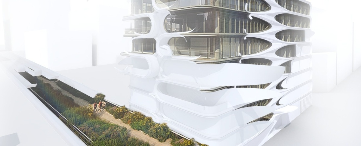 Render of avant-garde building beside roof garden, interspersed with greenery between the floors