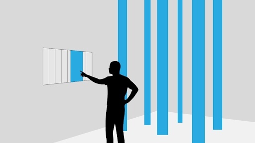 Diagram of person touching panel in front of pillars