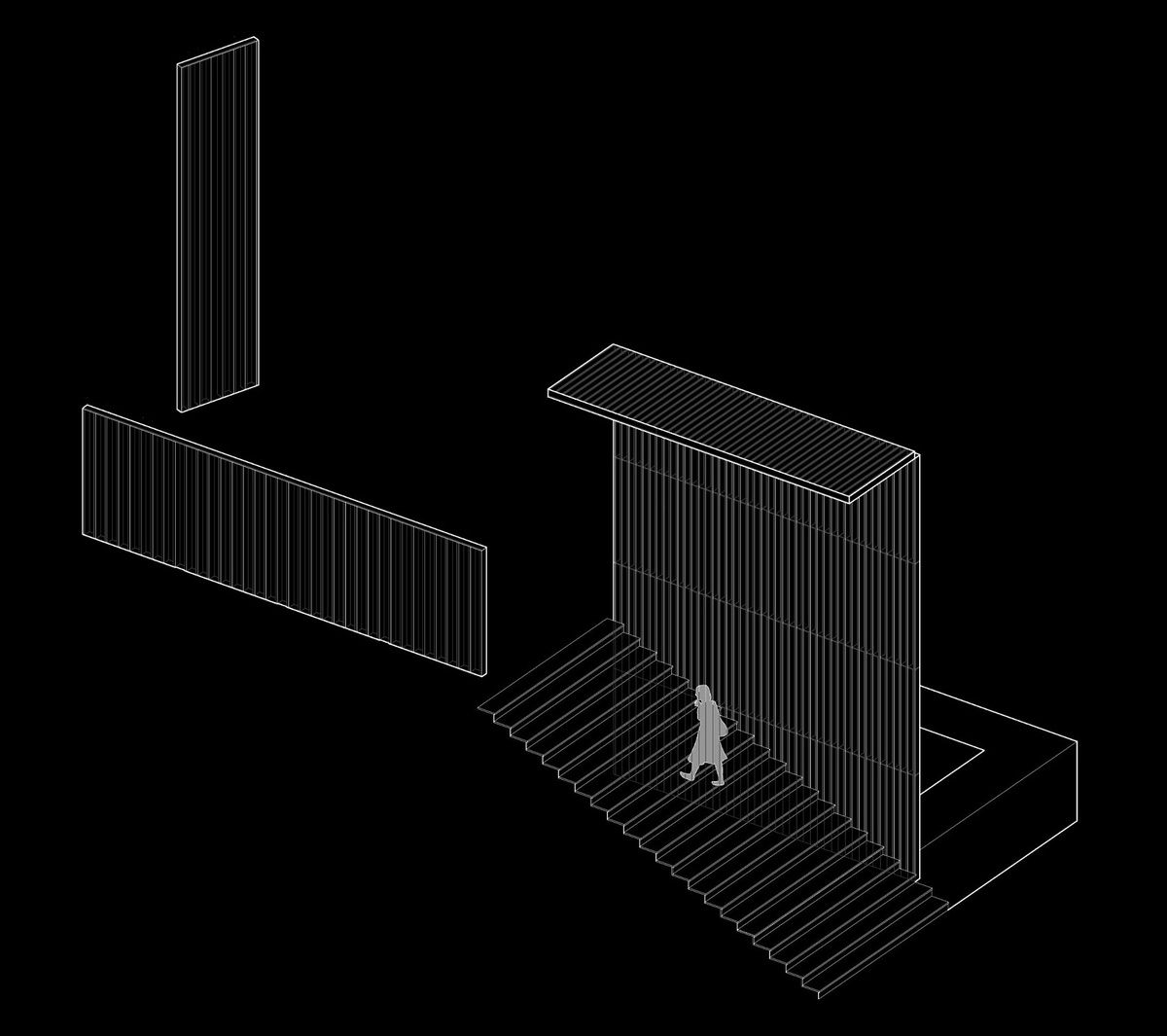 Axonometric diagram of staircase and strips of digital content