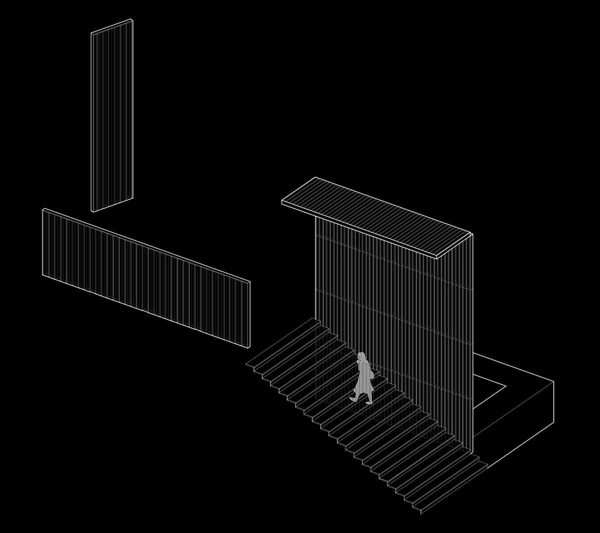 Axonometric diagram of staircase and strips of digital content